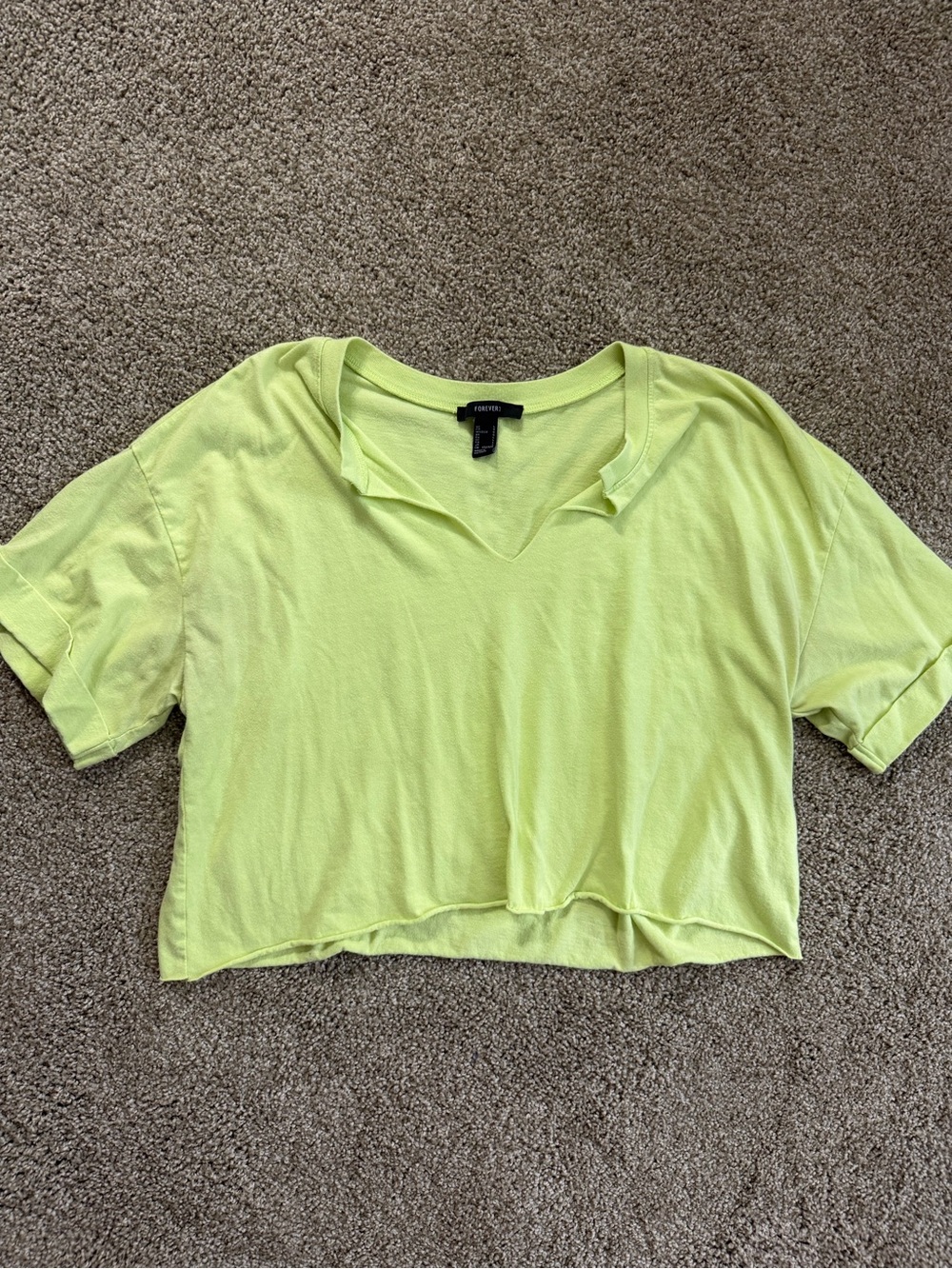 Forever 21 Neon Lime Cropped V‑Neck Tee — Bright Yellow‑Green